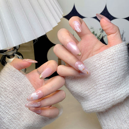 Pink Sheer Sakura Gold Rim Oval Press-On Nails