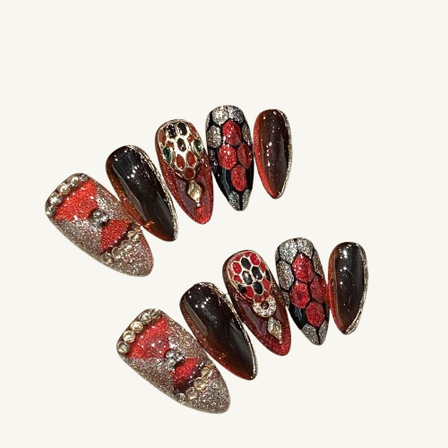 Red & Black Scale Press-On Nails | Handmade Stiletto Fake Nails