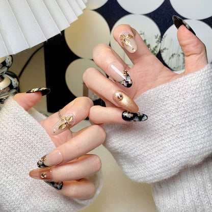 Black-Gold Floral Oval Press-On Nails