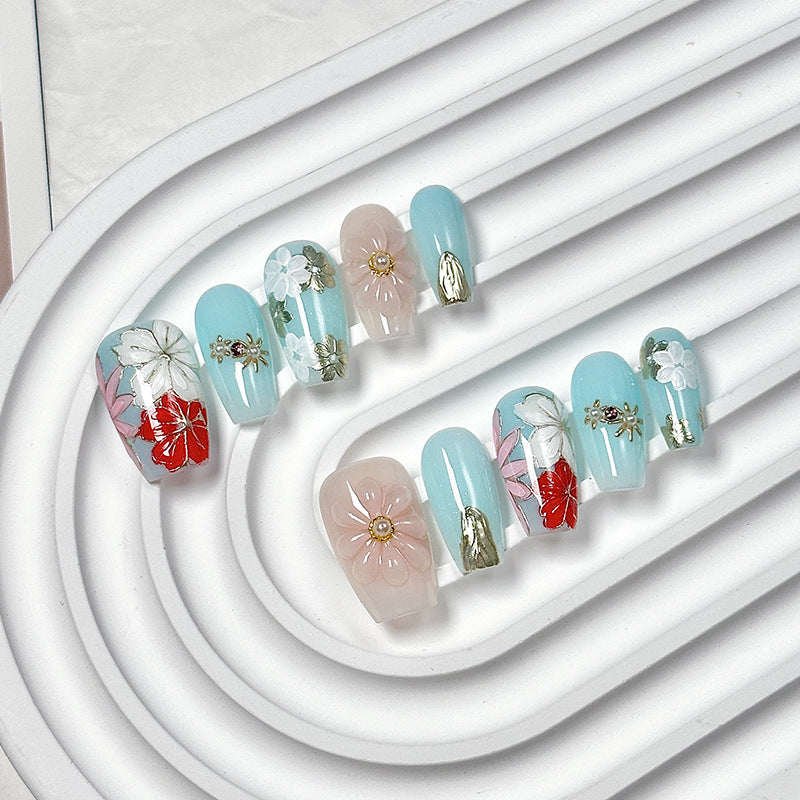 Light Blue Floral Trapezoid Press-On Nails