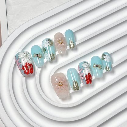 Light Blue Floral Trapezoid Press-On Nails