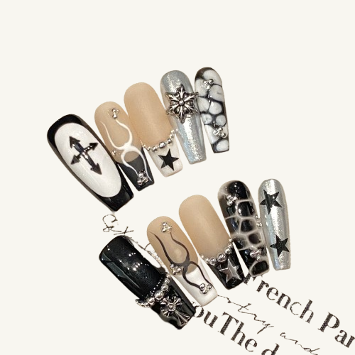 Black & White Graffiti Press-On Nails | Handmade Coffin Fake Nails