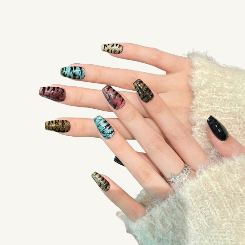 Animal Party Press-On Nails | Handmade Colorful Tiger Cat Eye Coffin