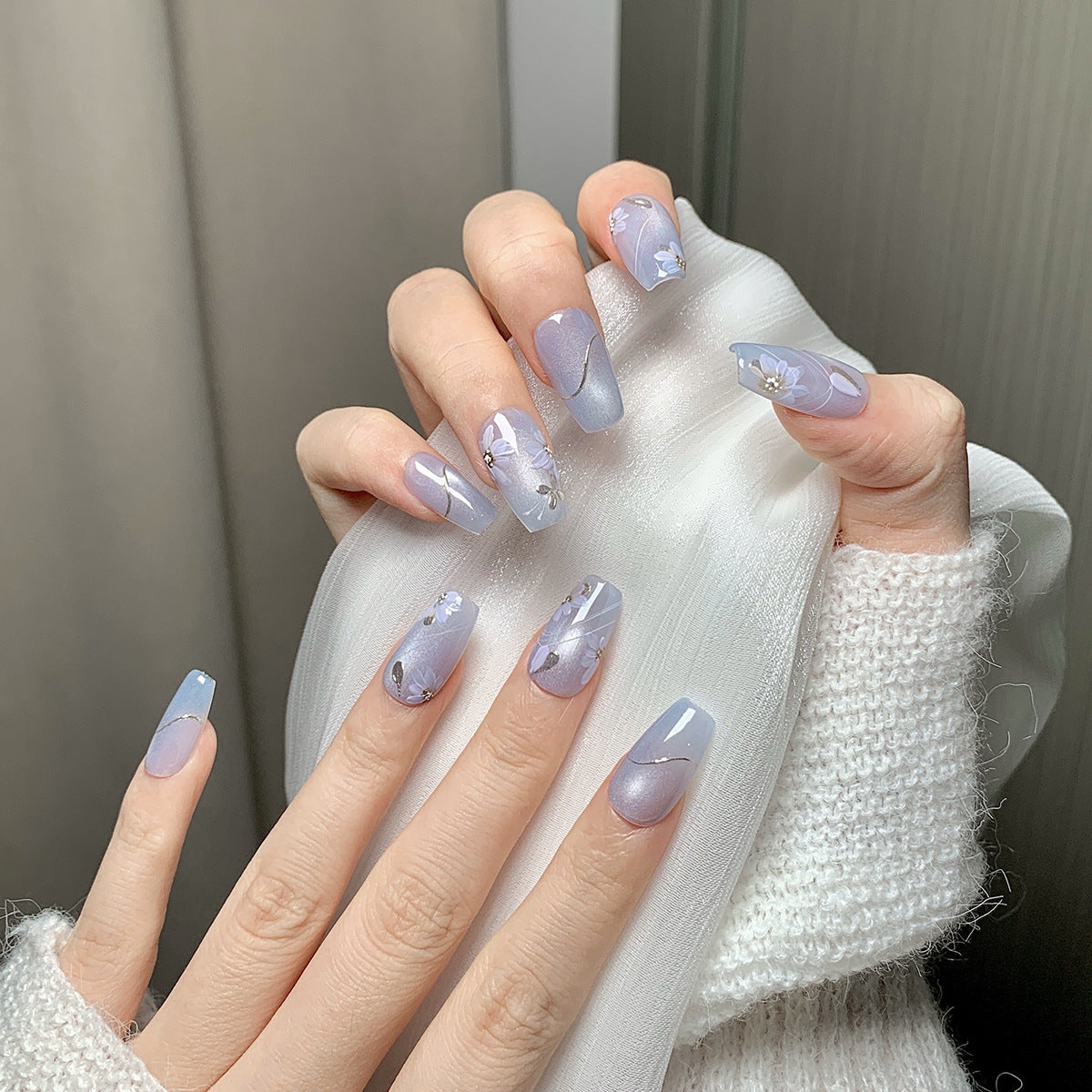 Light Blue Purple Floral Press-On Nails