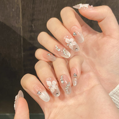 Pink Floral Diamond Medium Oval Press-On Nails