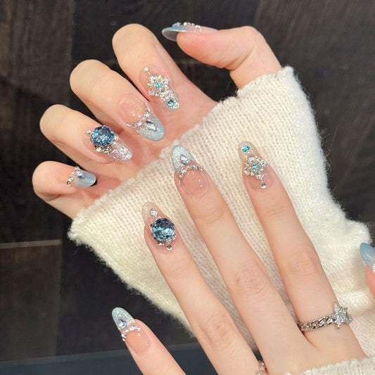 Pastel Blue Gem  Oval Press-On Nails