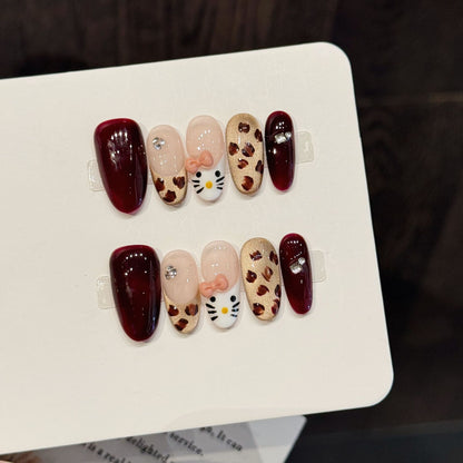 Burgundy Hello Kitty Leopard  Oval Press-On Nails