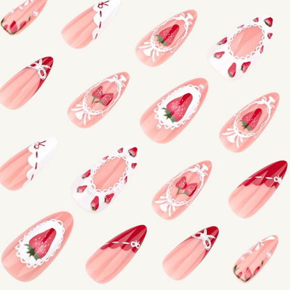 Strawberry Pearl Press-On Nails | Bow & Lace Medium Almond