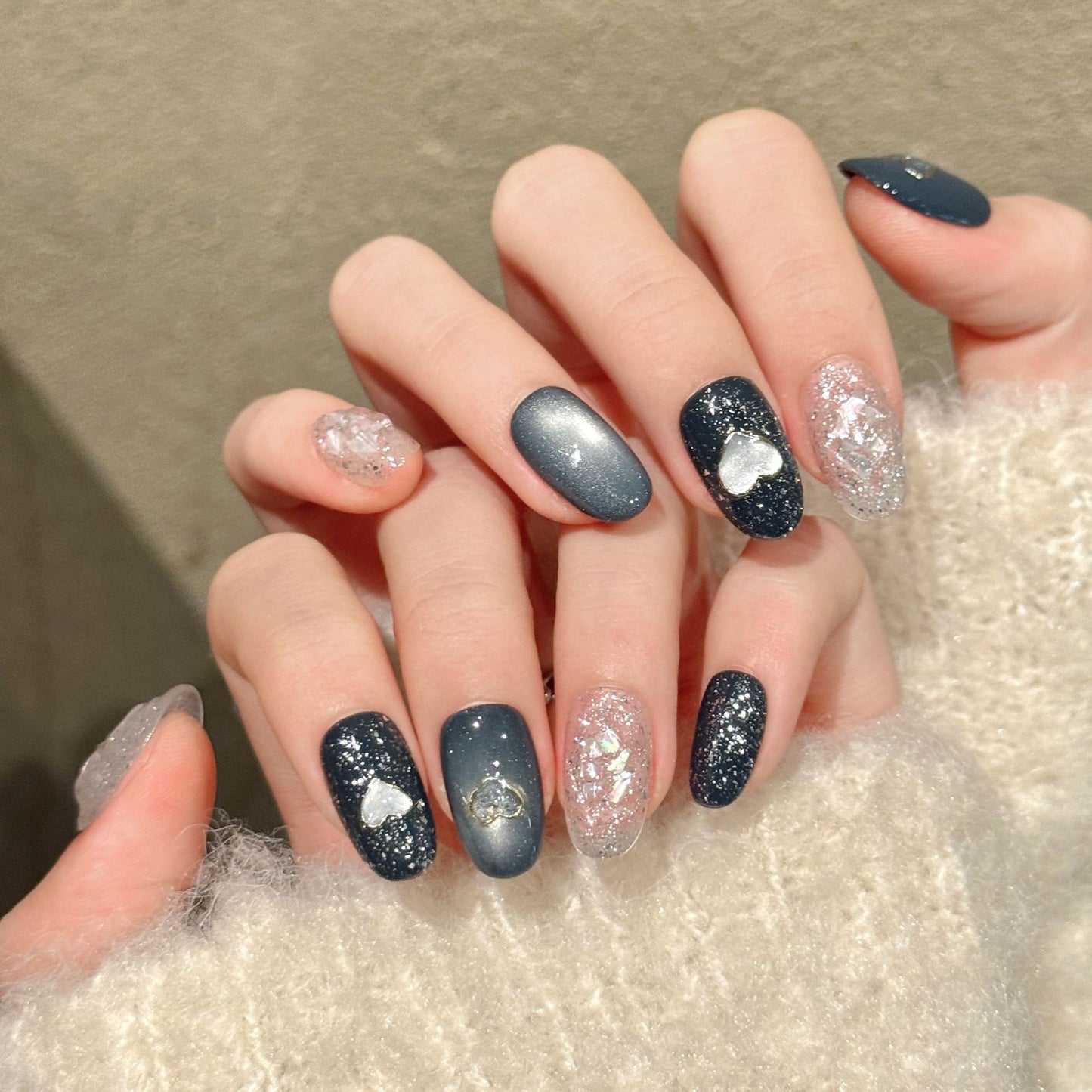 Navy Heart Glitter Medium Oval Press-On Nails