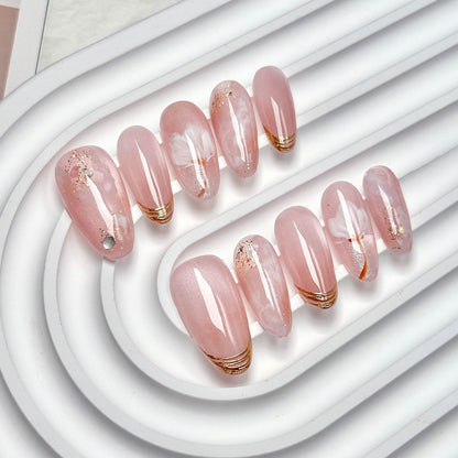 Pink Sheer Sakura Gold Rim Oval Press-On Nails