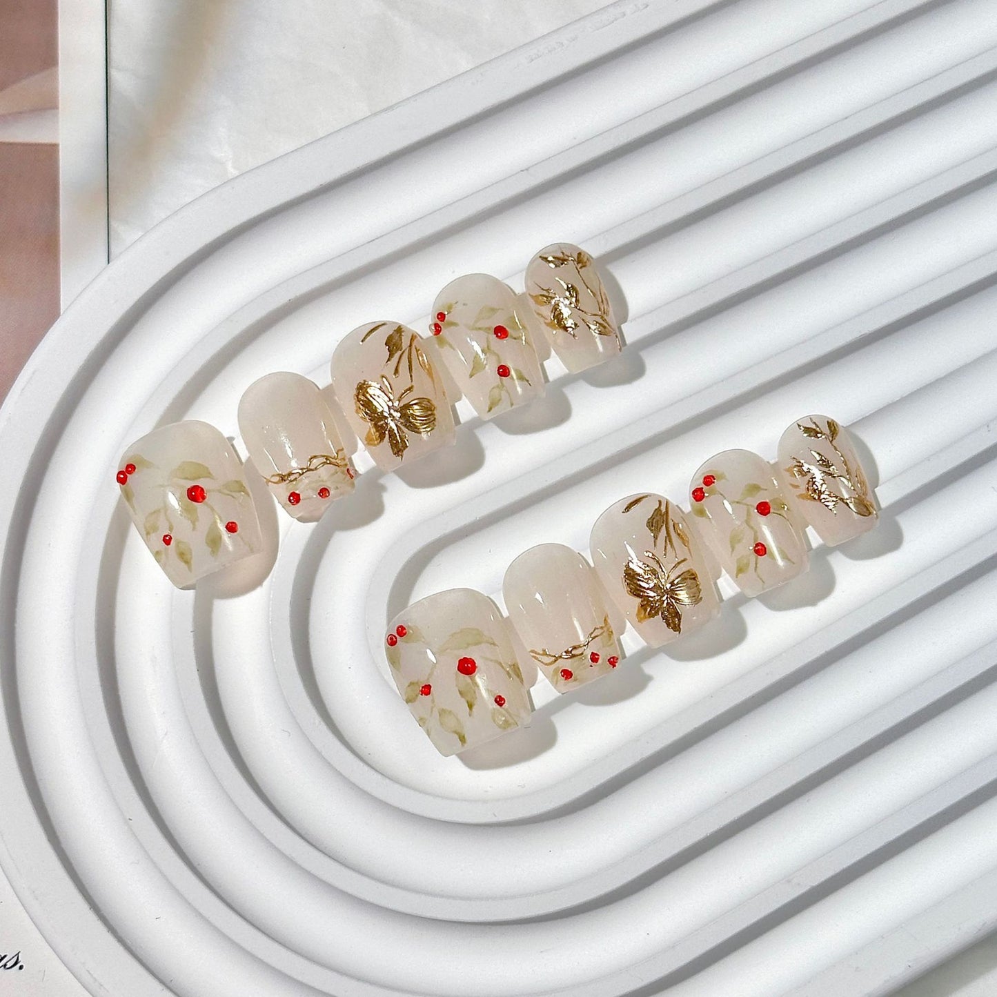 Sheer Gold Motif Short Square Press-On Nails