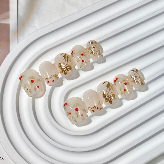 Sheer Gold Motif Short Square Press-On Nails