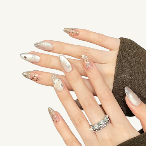 Soft Shimmer Glitter Press-On Nails | Handmade Oval Fake Nails