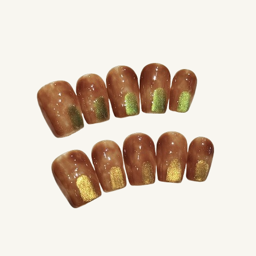 Caramel Latte Press-On Nails | Handmade Glitter Stripe Coffin