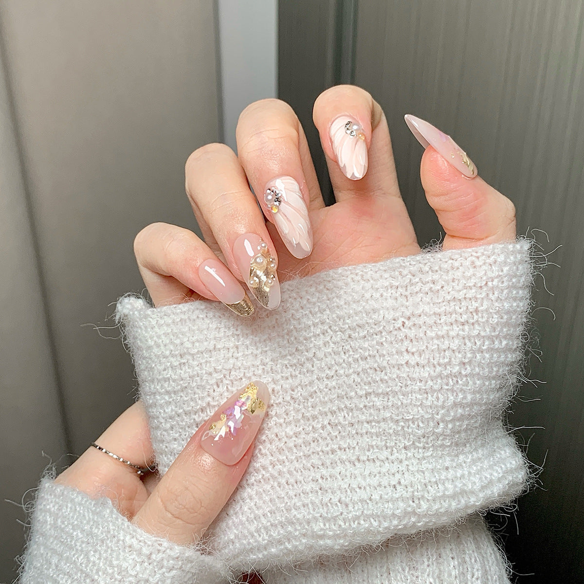 Nude Pink Gold Accent Almond Press-On Nails