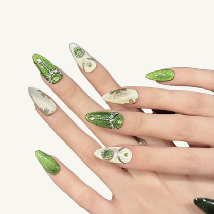 Elven Gem Press On Nails | Green Cat Eye Handmade Long Almond