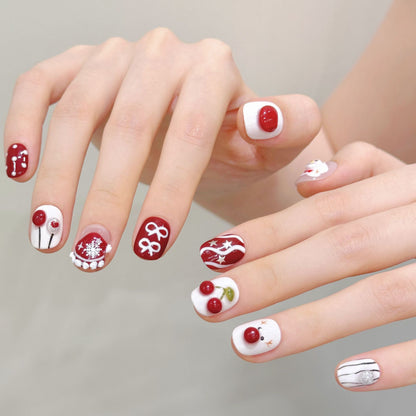 Red-White Christmas Cherry Press-On Nails
