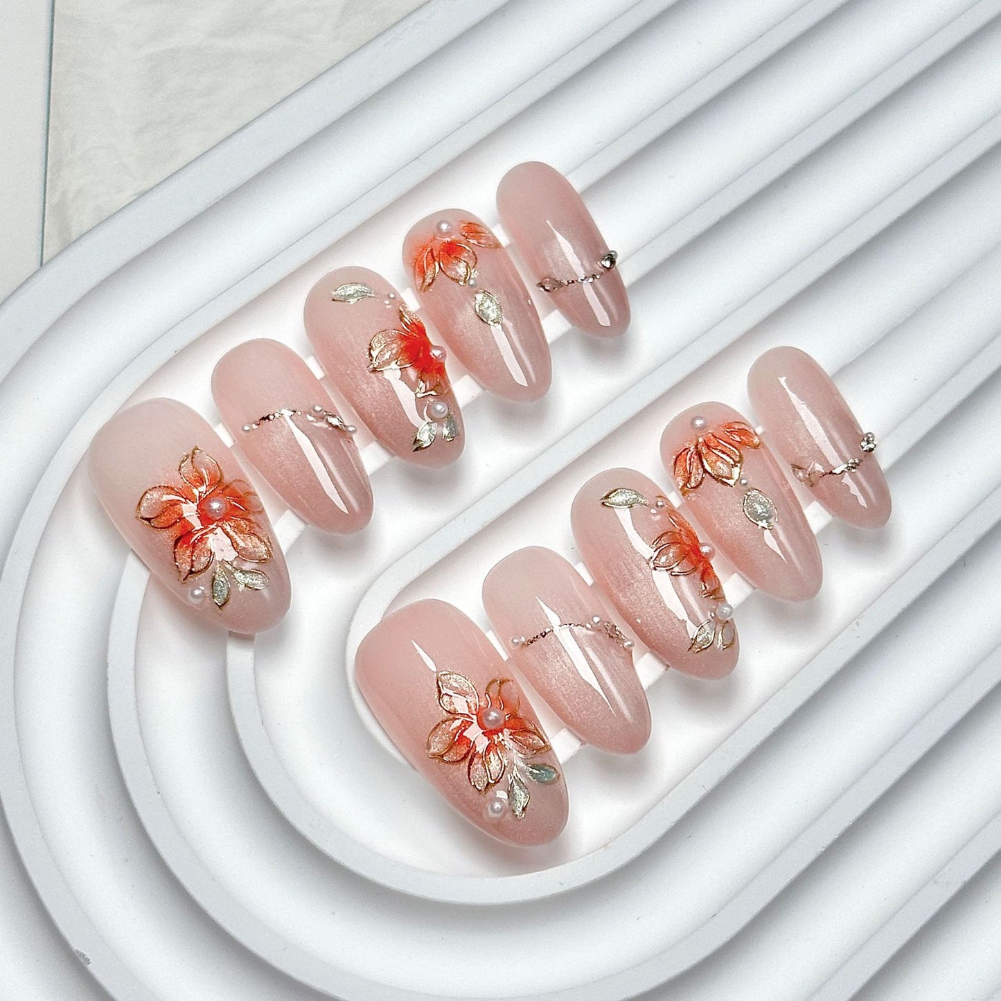 Nude Pink Orange-Flower Oval Luxury Press-On Nails