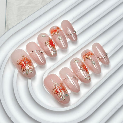 Nude Pink Orange-Flower Oval Luxury Press-On Nails