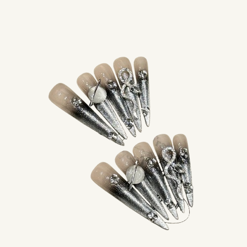 Silver Glitter Ombre Nails | Luxury Handmade Jeweled Stiletto
