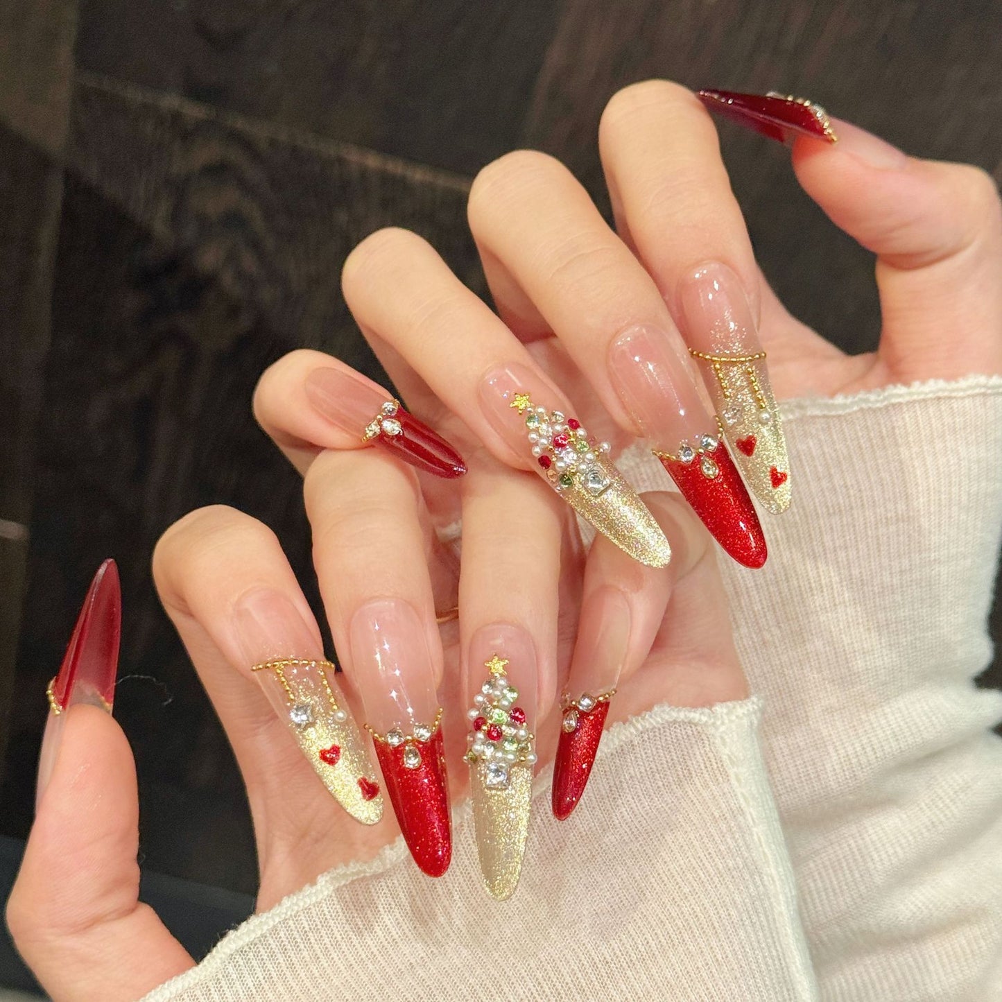 Red-Gold Christmas Stiletto Press-On Nails