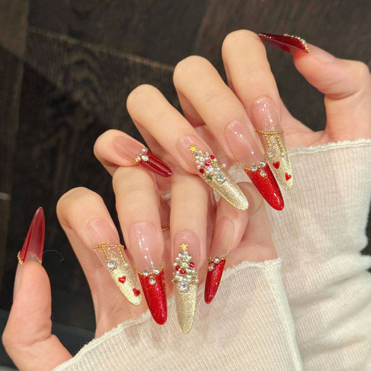 Red-Gold Christmas Stiletto Press-On Nails
