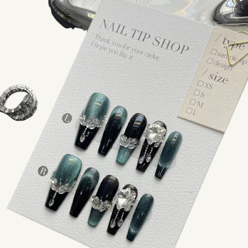 Galaxy Cat Eye Press-On Nails | Blue-Black Ombre Handmade Coffin Nails