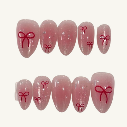 Kawaii Red Knot Nails  Press-Ons | Blush Shimmer Stiletto