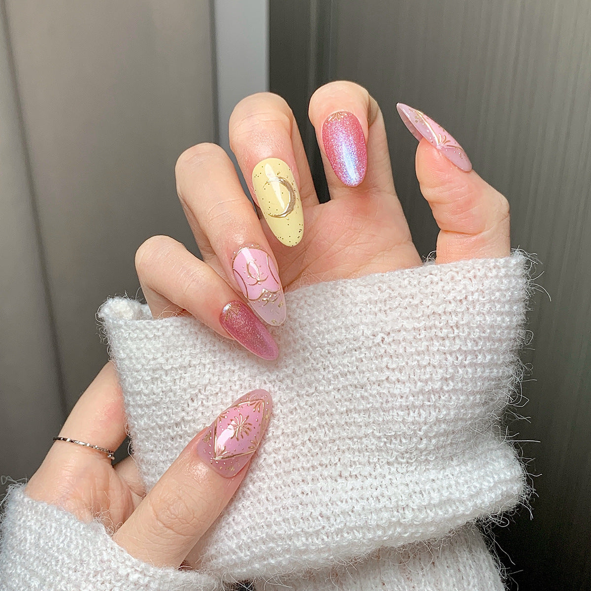 Sweet Star-Moon Almond Press-On Nails