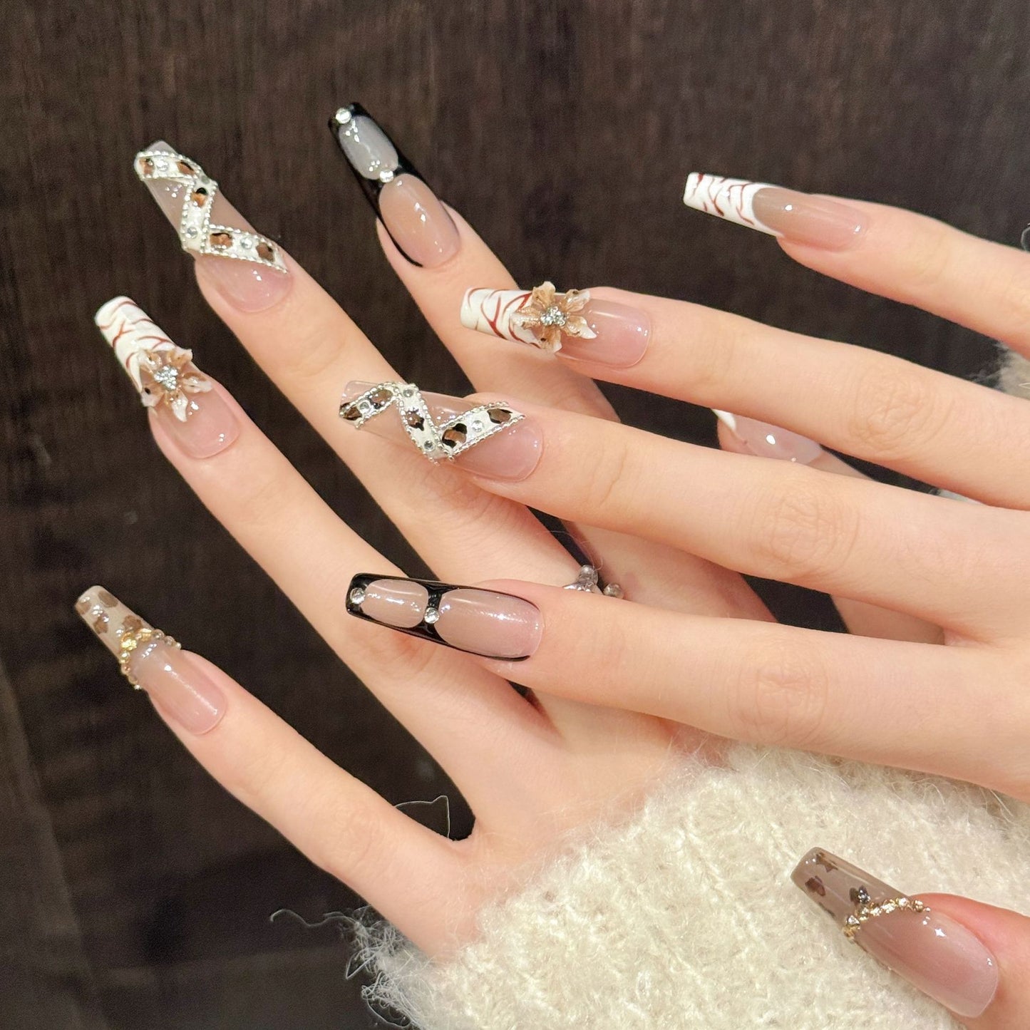 Nude Brown Glitz Long Coffin Press-On Nails