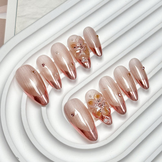 Nude Pink Rose Gold  Floral Press-On Nails