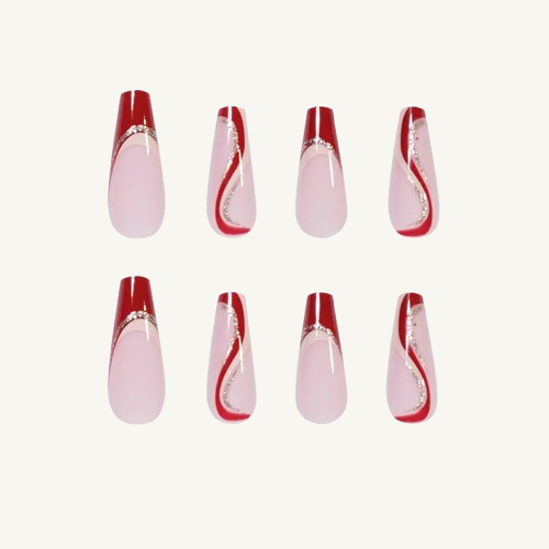 Red & Gold Swirl Press-On Nails | Glitter Wave Long Square