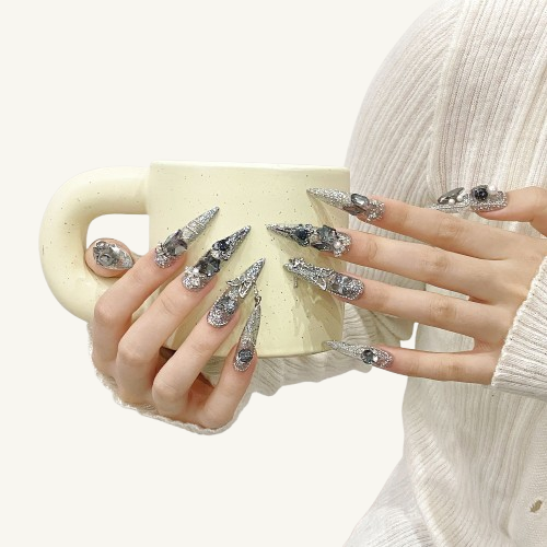 Dark Elf Press On Nails | Handmade Grey Crystal Stiletto