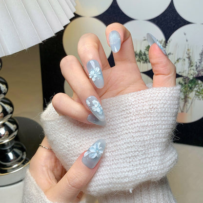 Light Blue Floral Oval Press-On Nails