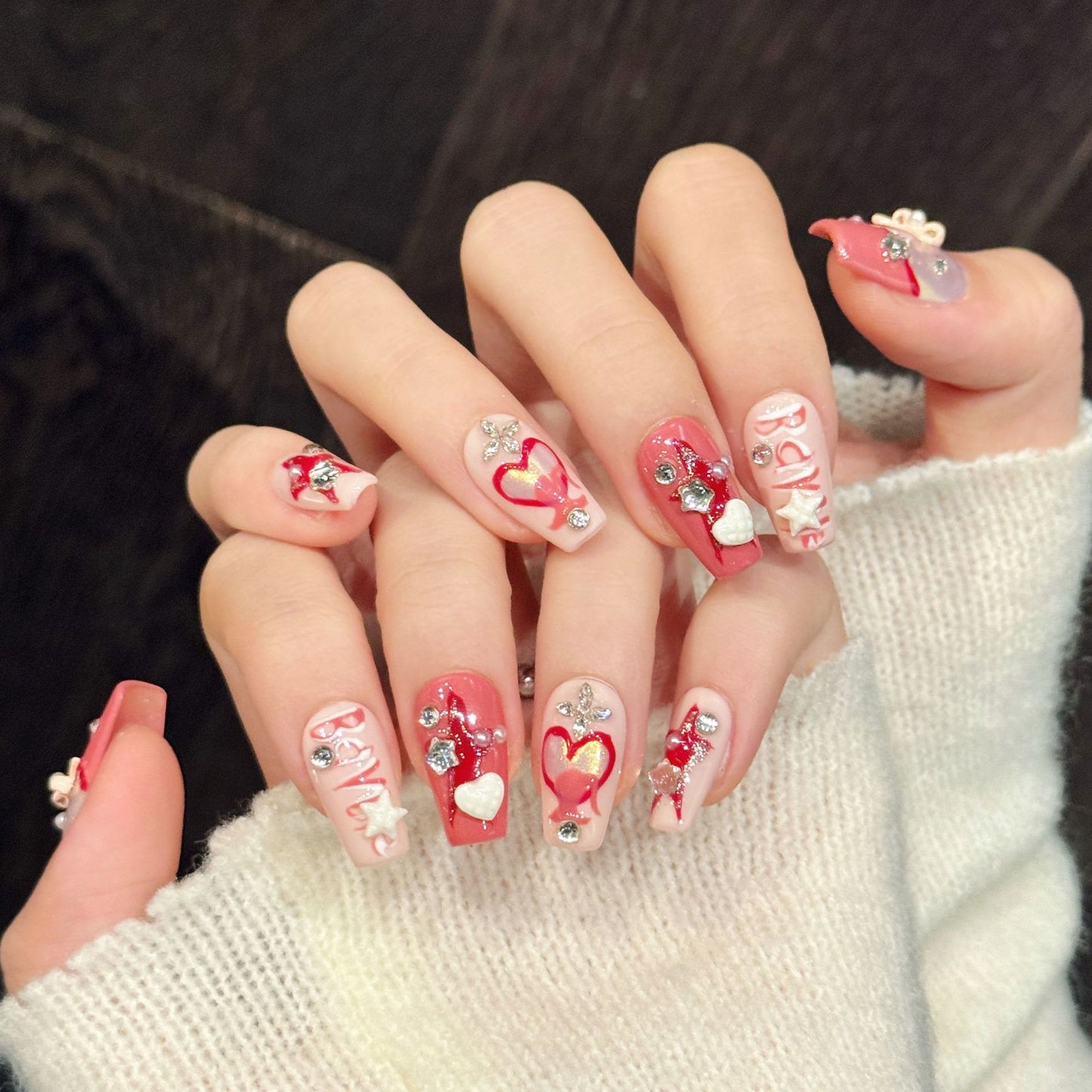 Pink Heart  Short Trapezoid Press-On Nails