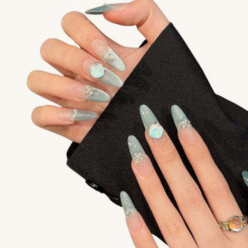 Morning Dew Press-On Nails | Handmade Ombre Cat Eye Crystal Oval