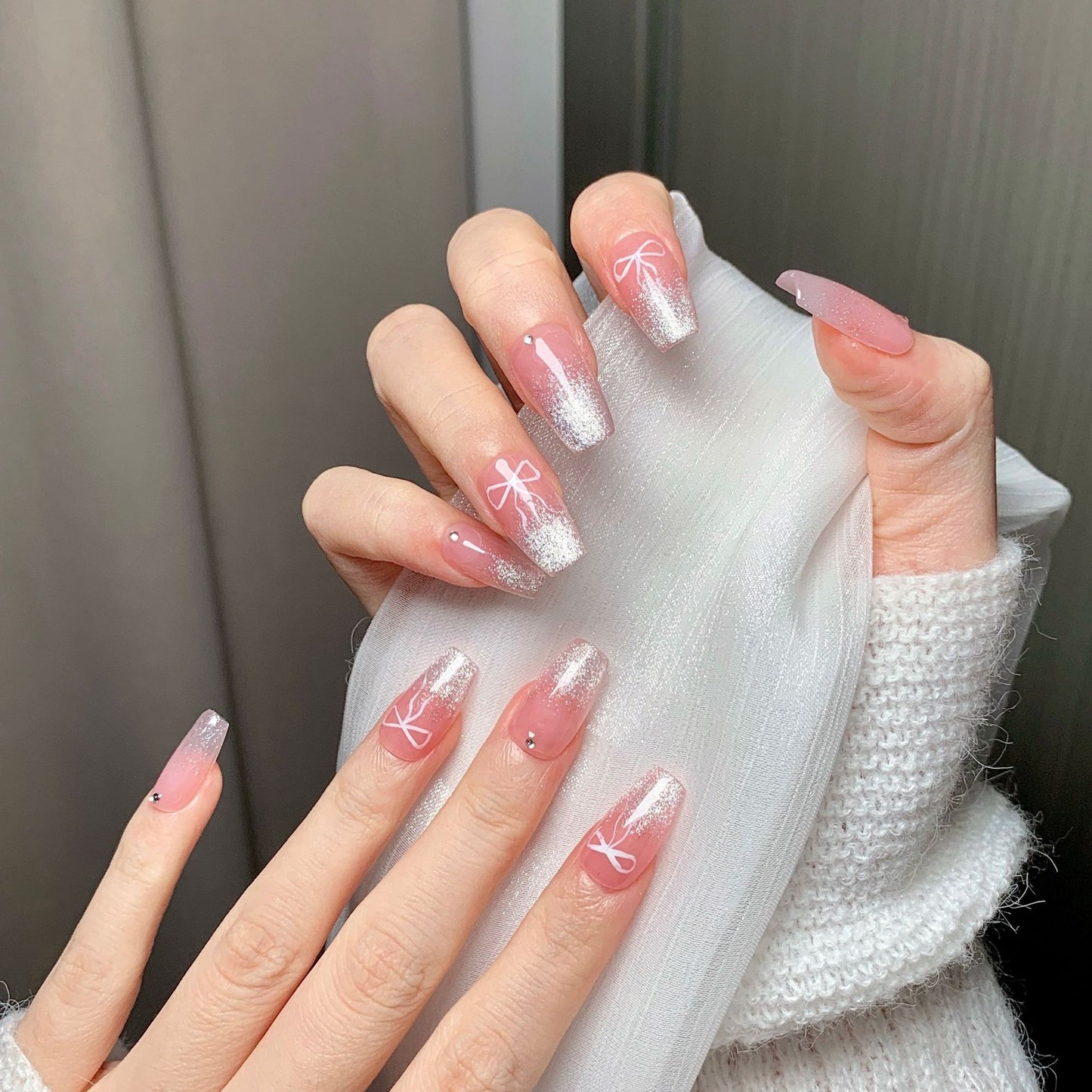 Pink Translucent Silver Glitter Press-On Nails