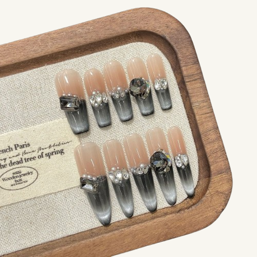 Black Swan Tear Press-On Nails | Handmade Ombre Cat Eye Pearl Gem
