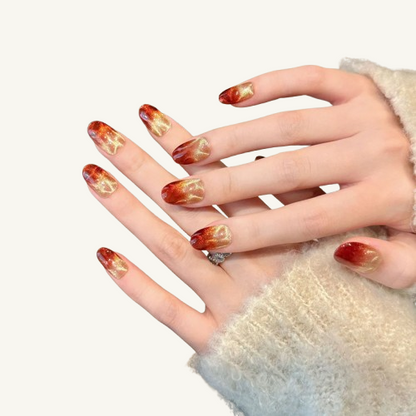 Amber Heart Press-On Nails | Handmade Orange Gold Cat Eye