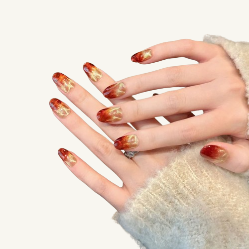 Amber Heart Press-On Nails | Handmade Orange Gold Cat Eye