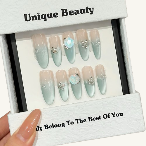 Morning Dew Press-On Nails | Handmade Ombre Cat Eye Crystal Oval