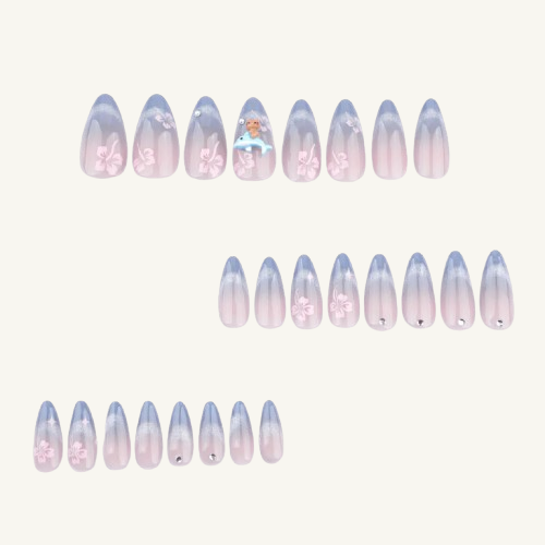 Silver Cat-Eye Ombre Press-On Nails | 3D Dolphin Long Almond