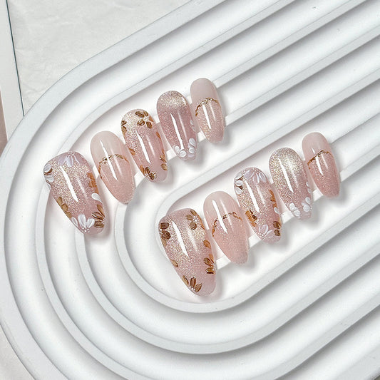 Pink Sheer Gold Accent Oval Press-On Nails
