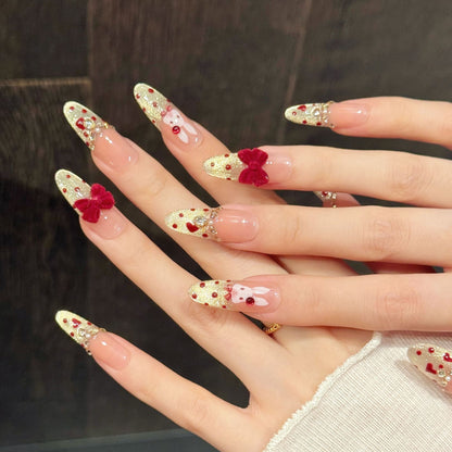 Red-Gold Bunny-Bow Oval Press-On Nails