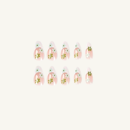 Green Daisy French Tip  Press-On Nails | Spring Floral