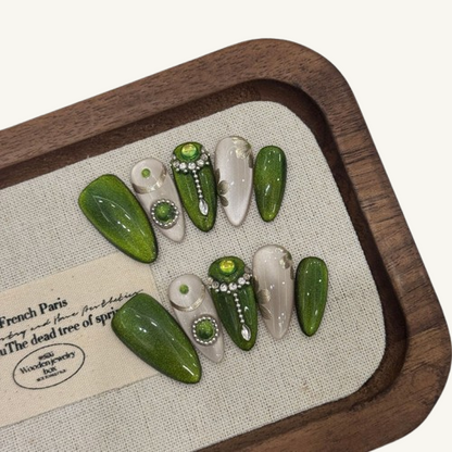 Elven Gem Press On Nails | Green Cat Eye Handmade Long Almond