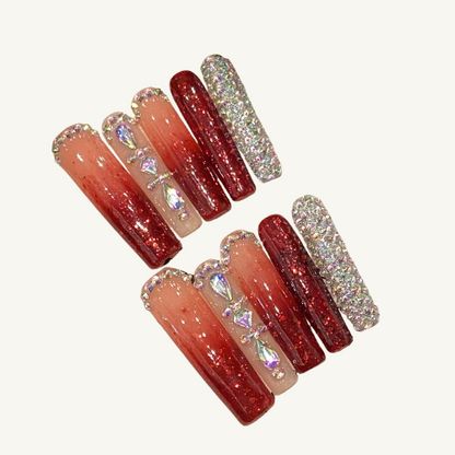 Red Glitter Ombre Press-On Nails | Long Coffin Handmade Fake Nails