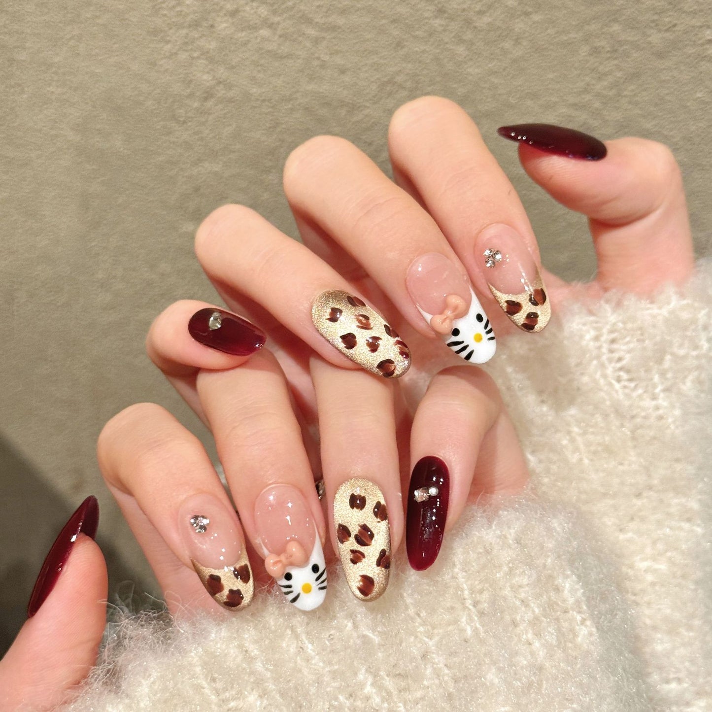 Burgundy Hello Kitty Leopard  Oval Press-On Nails