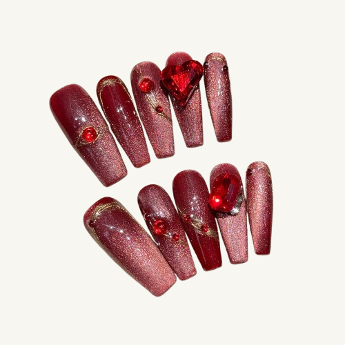 Crimson Passion Press-On Nails | Handmade Cat Eye Ruby Gold Coffin