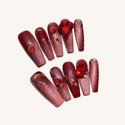 Crimson Passion Press-On Nails | Handmade Cat Eye Ruby Gold Coffin